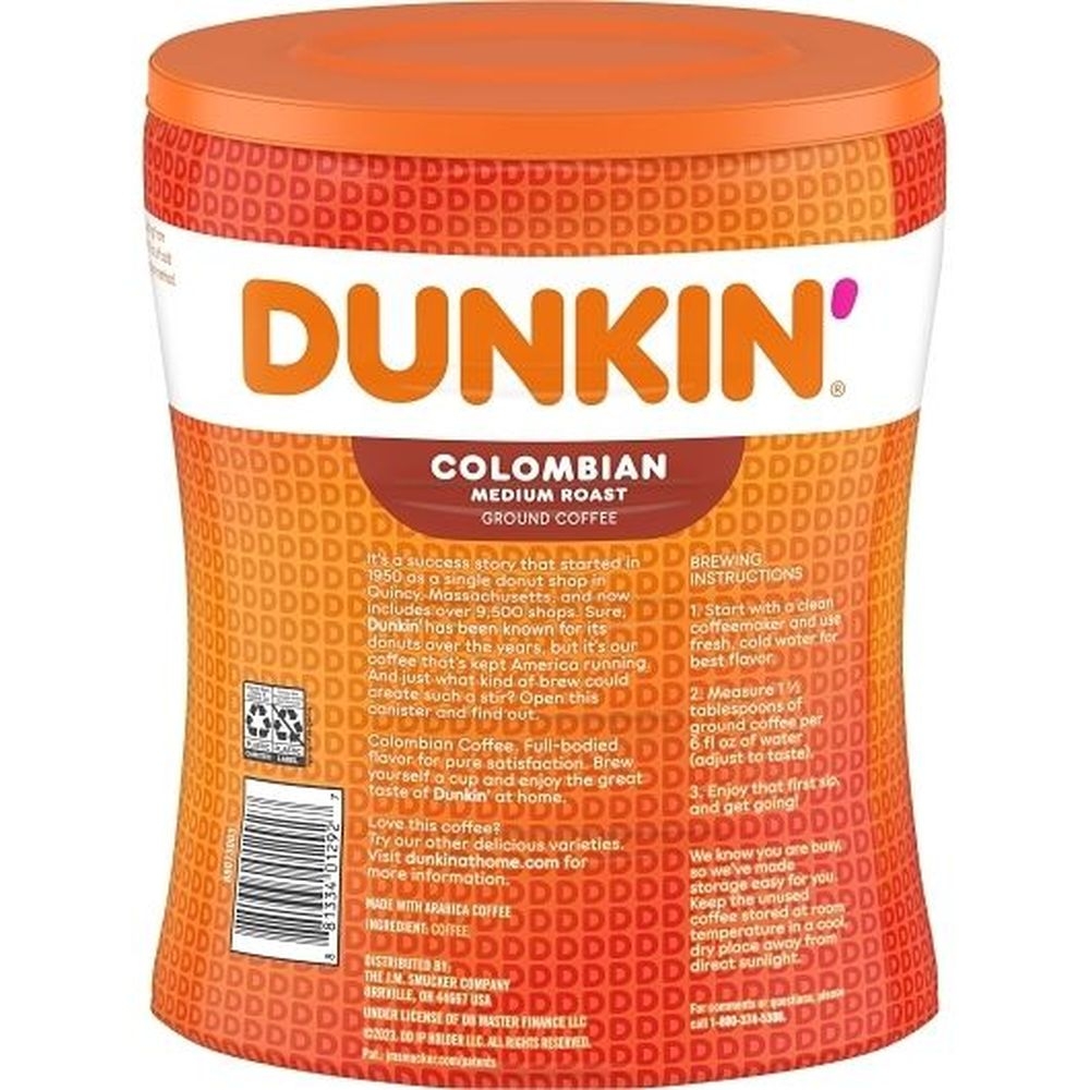 Dunkin Colombian Medium Roast Ground Coffee, 27.5 Ounce Canister -- 4 per case