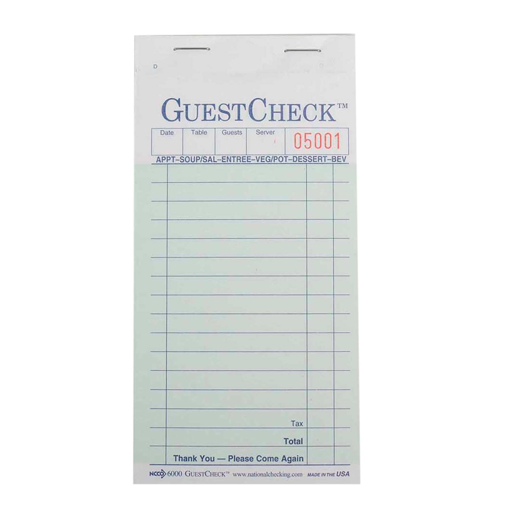 Ncco Guestcheck -carbon, 2part, Green, 17 Line, 3.5 X 6.75 Inch, 50 Sets Per Book -- 2500 Per Case