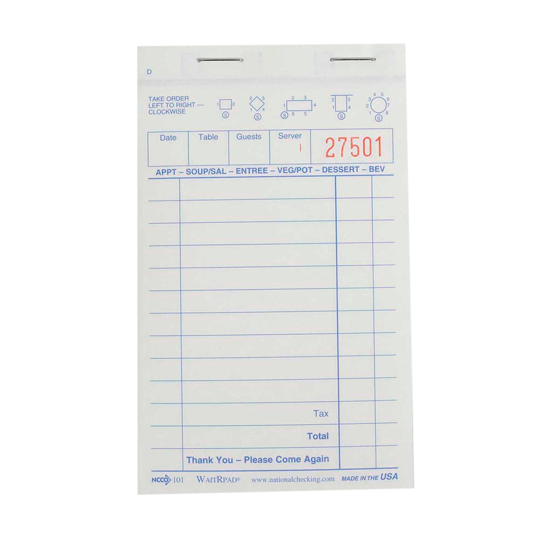 Ncco Carbonless Waitrpad Paper, 2 Part White, 13 Line, 3.4 X 5.63 Inch -- 5000 Per Case