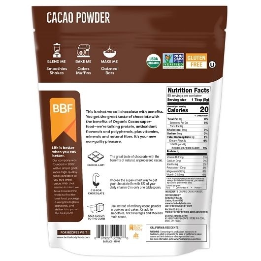 Betterbody Foods Organic Cacao Powder, 16 Ounce -- 5 Per Case