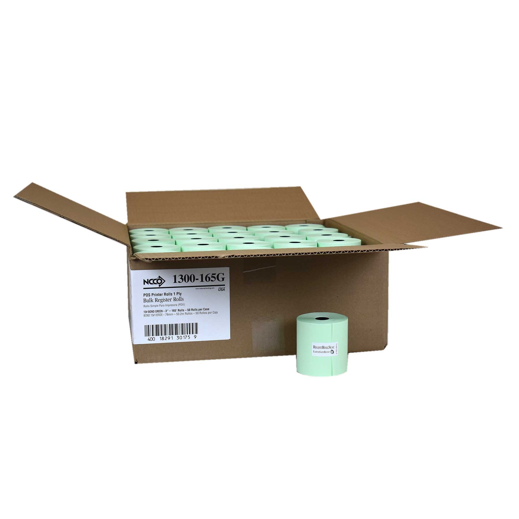 National Checking Green 1 Ply Registroll, 3 inch x 165 Feet Bond -- 50 rolls per case.