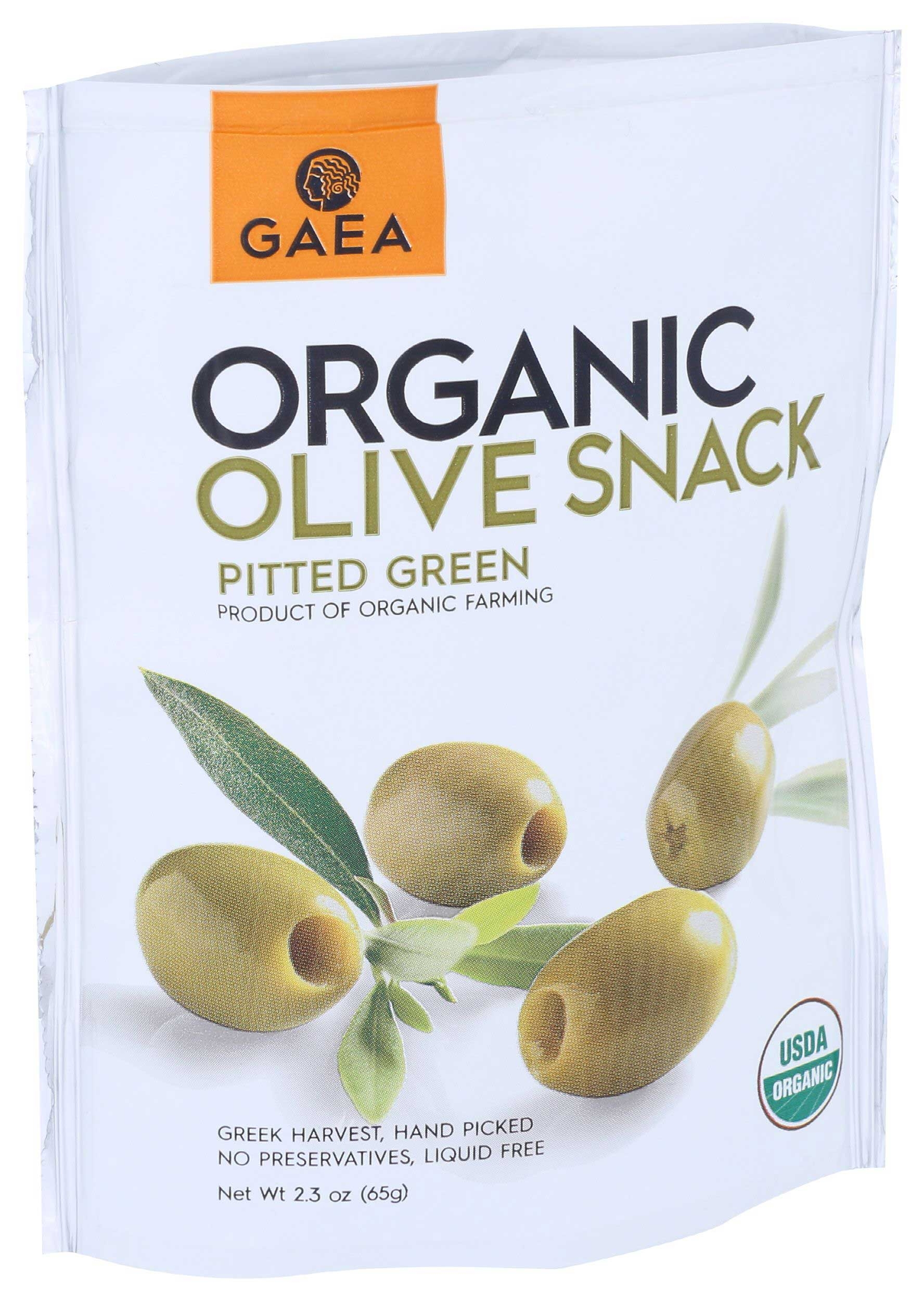 Gaea Organic Pitted Green Olives, Snack Pack, 2.3 Ounce -- 8 Per Case