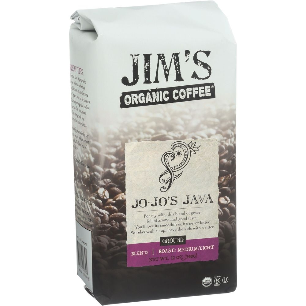 Jims Organic Coffee Jo Jos Java Medium or Light Roast Ground Coffee, 12 Ounce -- 6 per case