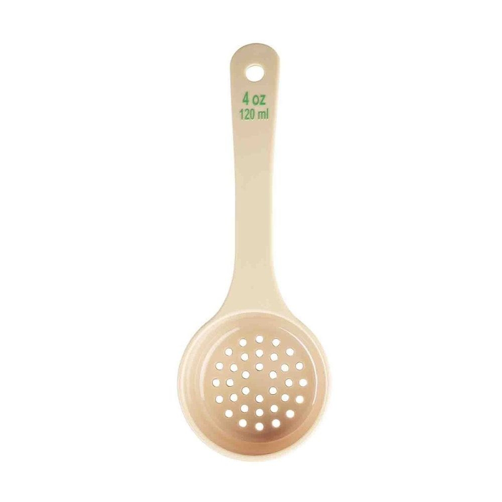 Tablecraft Polycarbonate Beige Perforated Short Handle Spoonout with Green Capacity Marking, 4 Ounce Capacity -- 12 per case