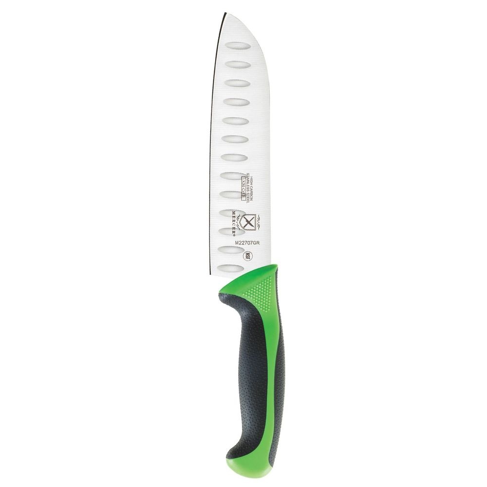 Mercer Culinary Millennia Granton Edge Santoku Knife with Green Handle, 7 inch