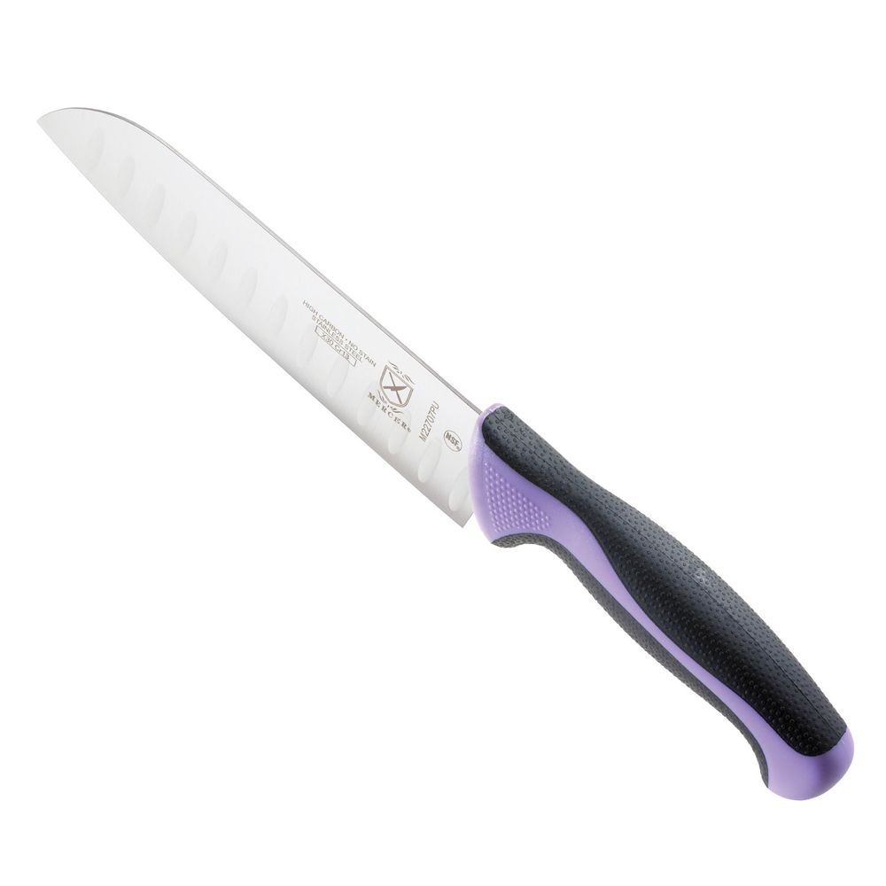 Mercer Culinary Millennia Granton Edge Santoku Knife with Purple Handle, 7 inch