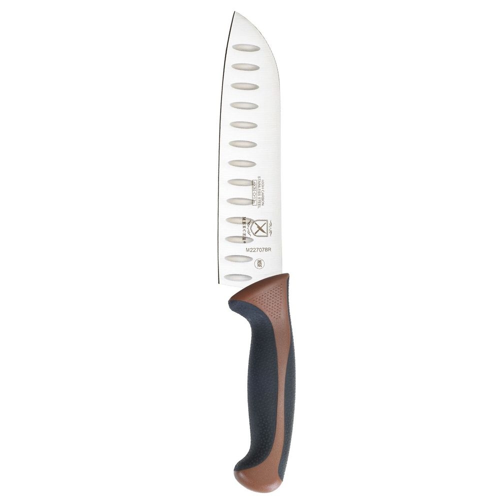 Mercer Culinary Millennia Granton Edge Santoku Knife with Brown Handle, 7 inch