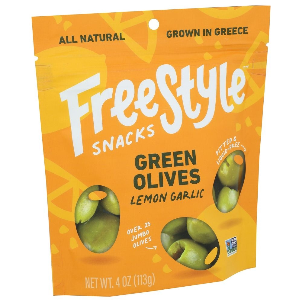 Freestyle Snacks Lemon Garlic Green Olives, 4 Ounce -- 6 Per Case