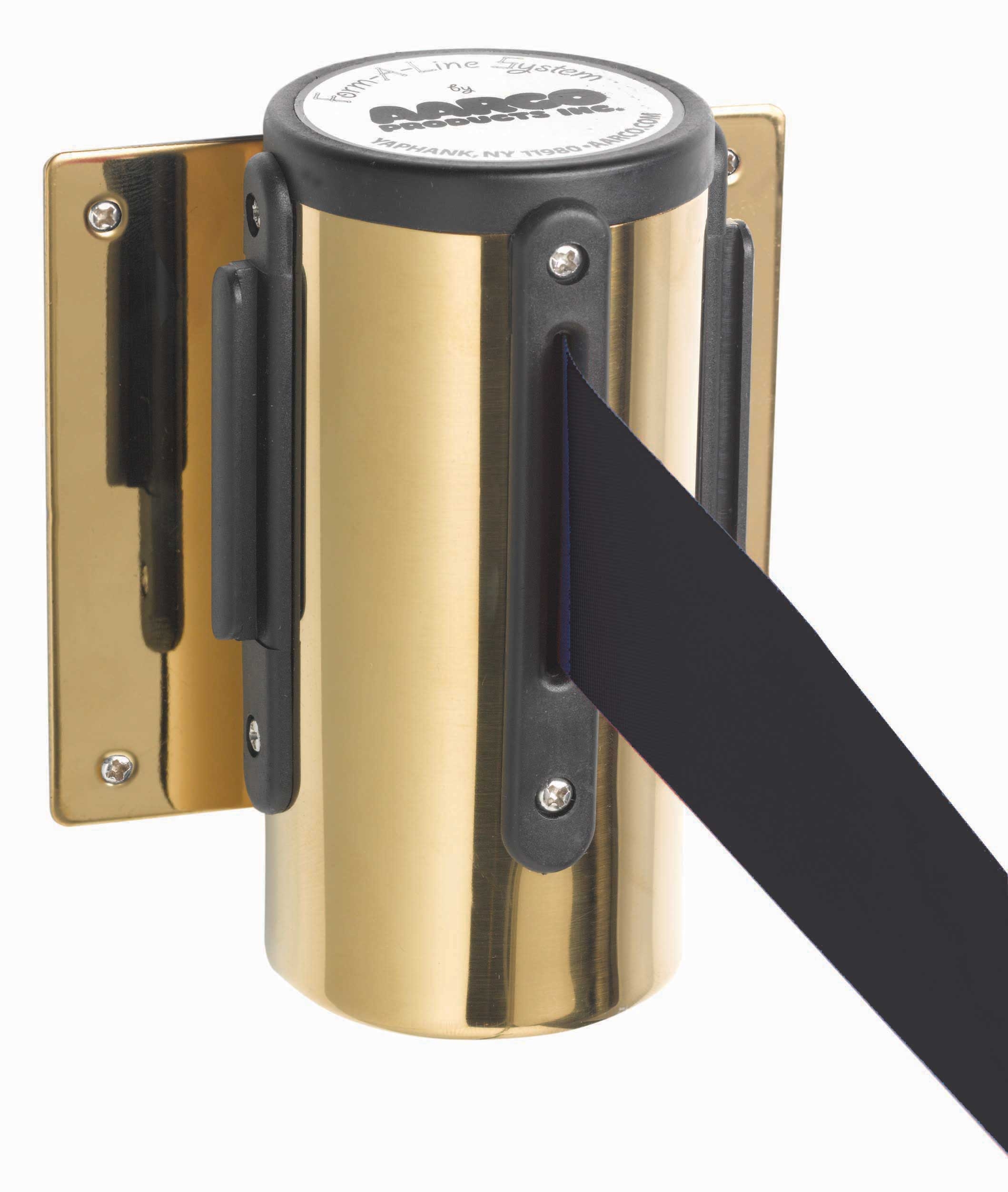 Aarco Form-a-line (tm) Brass Finish Wall Mounted Crowd Control System With 7 Feet Retractable Black Belt