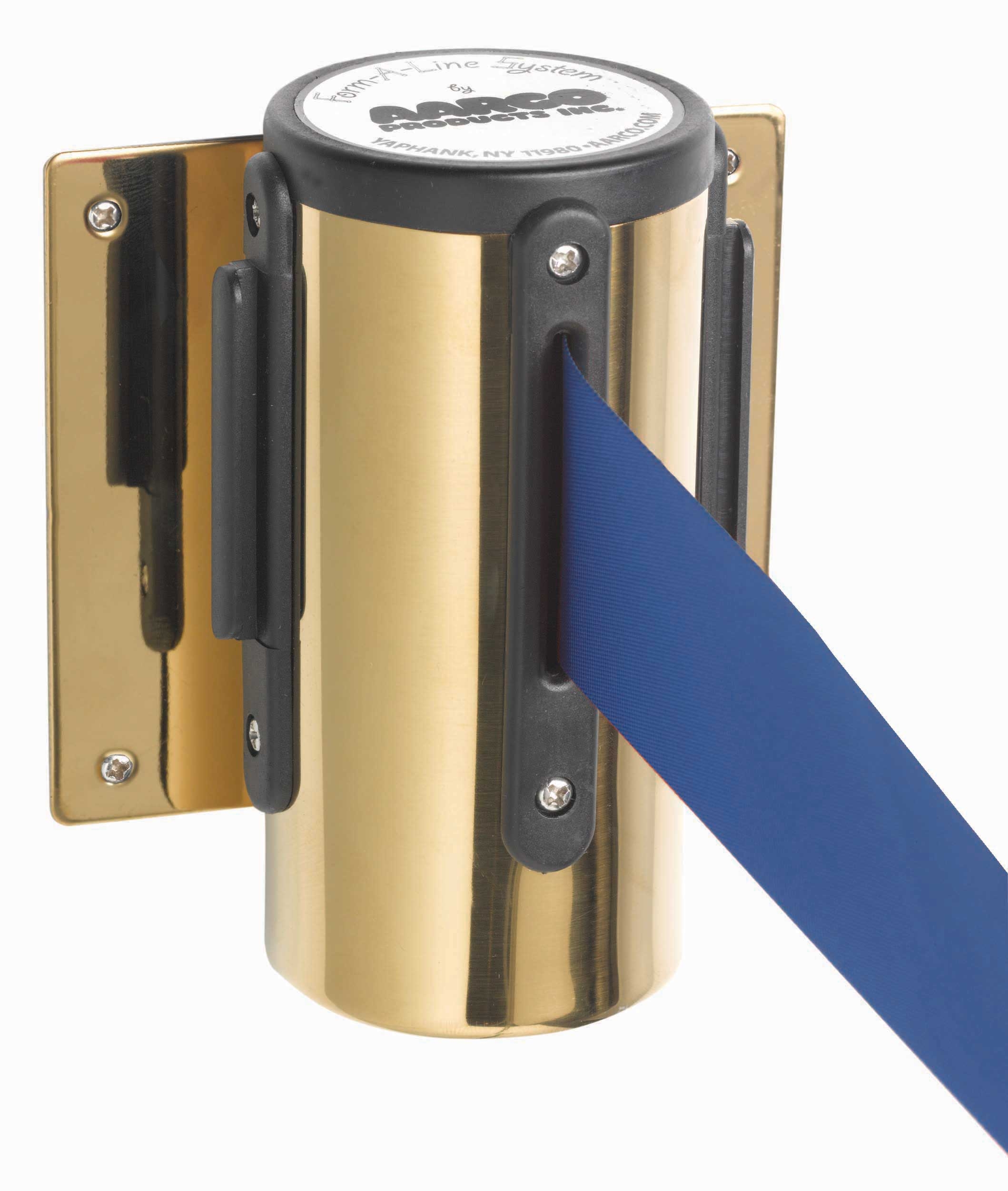 Aarco Form-a-line (tm) Brass Finish Wall Mounted Crowd Control System With 7 Feet Retractable Blue Belt