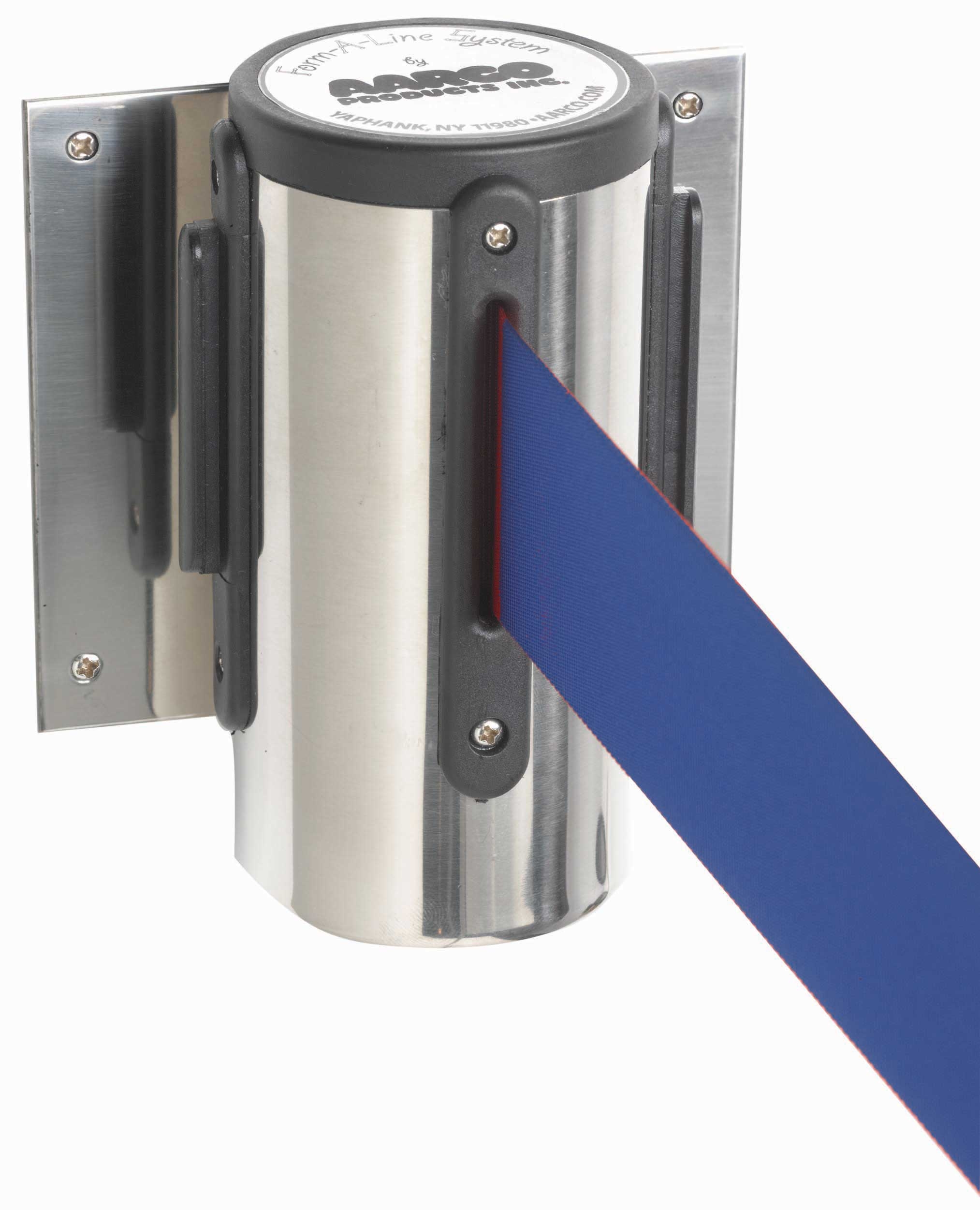 Aarco Form-a-line (tm) Chrome Finish Wall Mounted Crowd Control System With 7 Feet Retractable Blue Belt