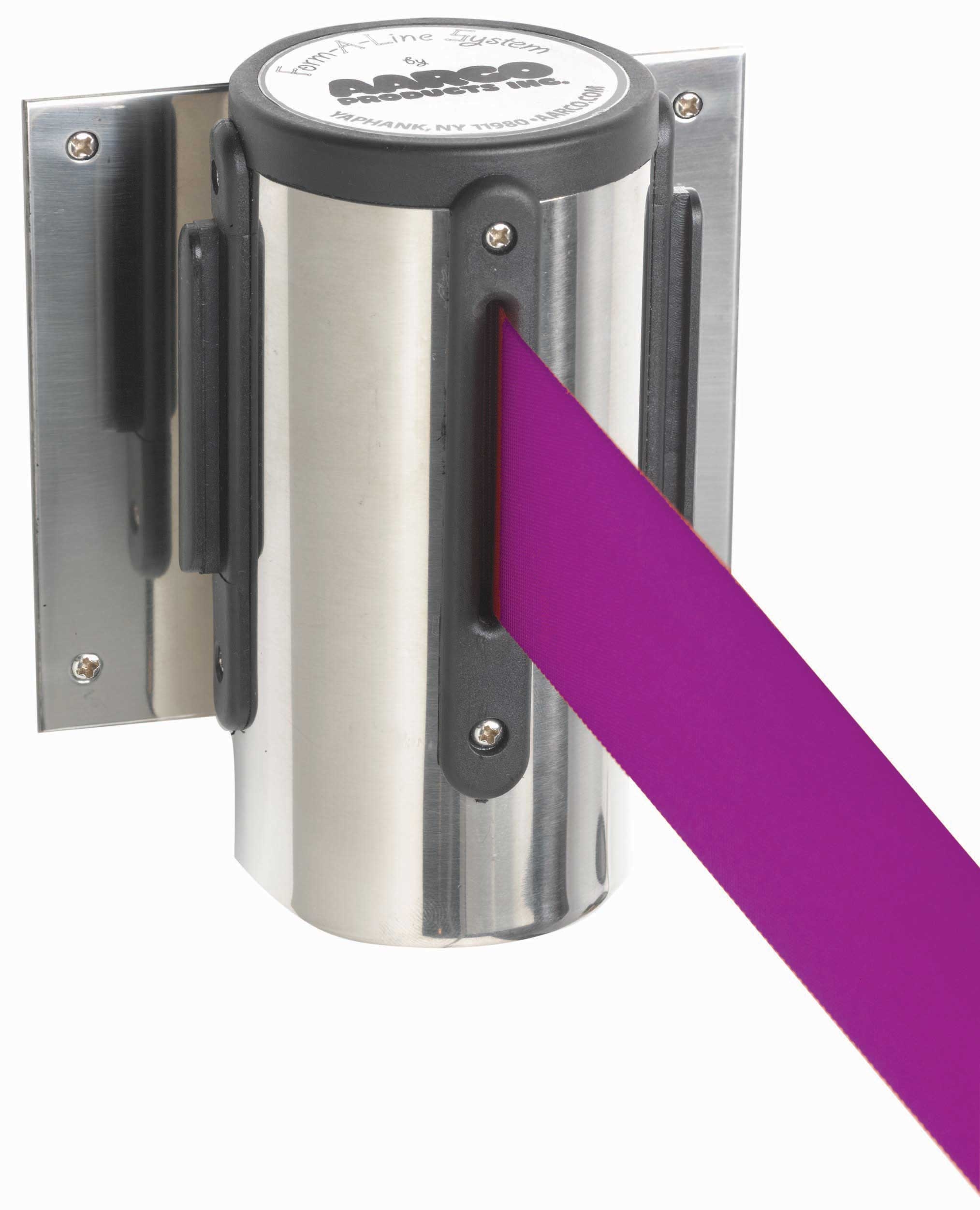 Aarco Form-a-line (tm) Chrome Finish Wall Mounted Crowd Control System With 7 Feet Retractable Purple Belt