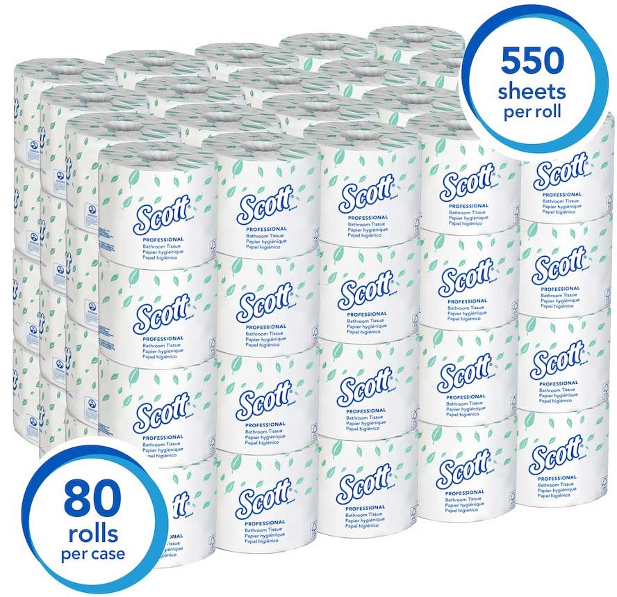 Scott Essential Professional 2 Ply White Standard Roll Toilet Paper Tissue, 4 X 4.1 X 19 Inch, 550 Sheets Per Roll -- 80 Per Case