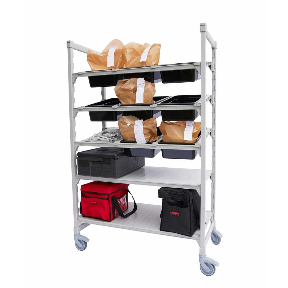 Cambro Camshelving Premium Speckled Gray 2 Solid Shelves and 3 Tiers Mobile Flex Station with Angled Divider Bar, 24 x 48 x 75 inch