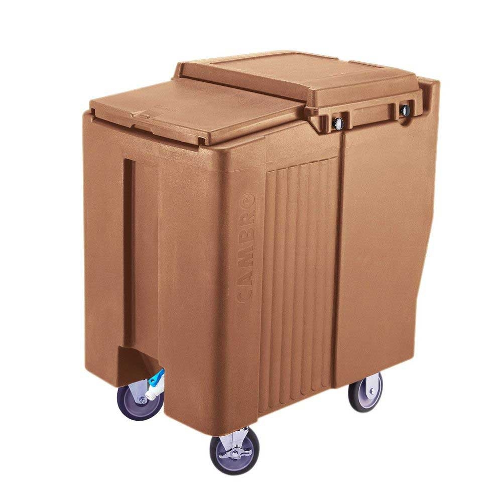Cambro Slidinglid Coffee Beige Tall 125 Pound Ice Caddy With Swivel And Fixed Caster, 23 X 31 1/2 X 34 1/2 Inch