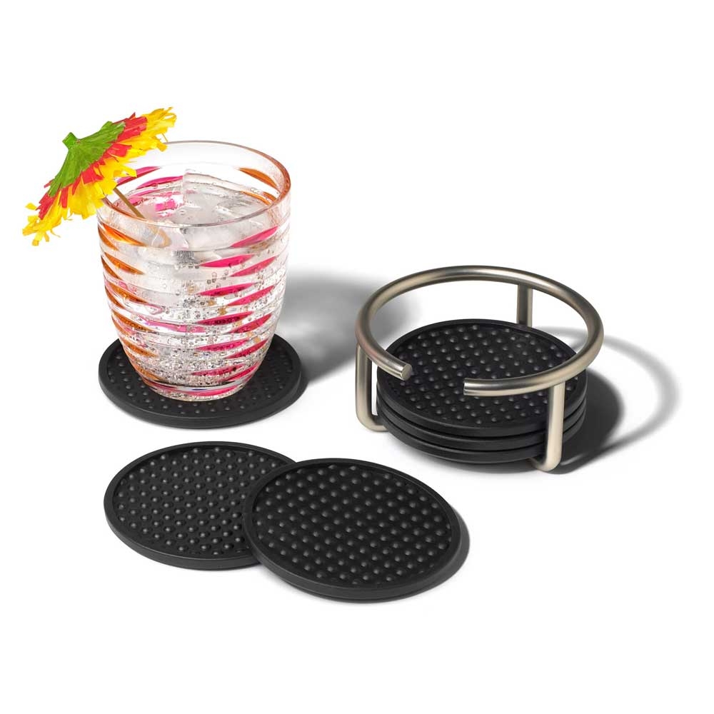 Spectrum Euro Satin Nickel Coaster Container with 6 Flexible Coasters, 2.25 x 4.75 x 4.75 inch.