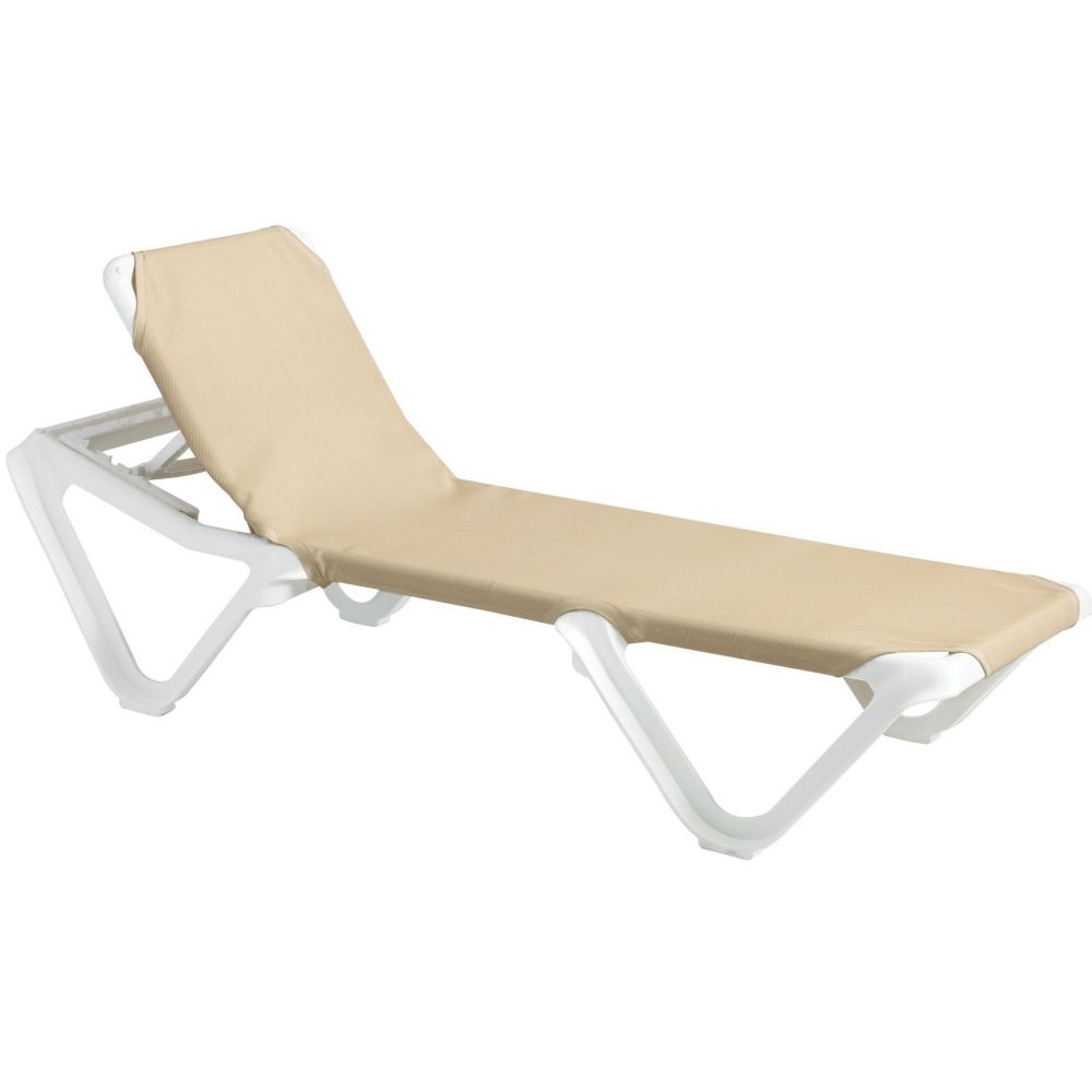 Grosfillex Nautical White Frame Adjustable Khaki Sling Chaise -- 12 per case.