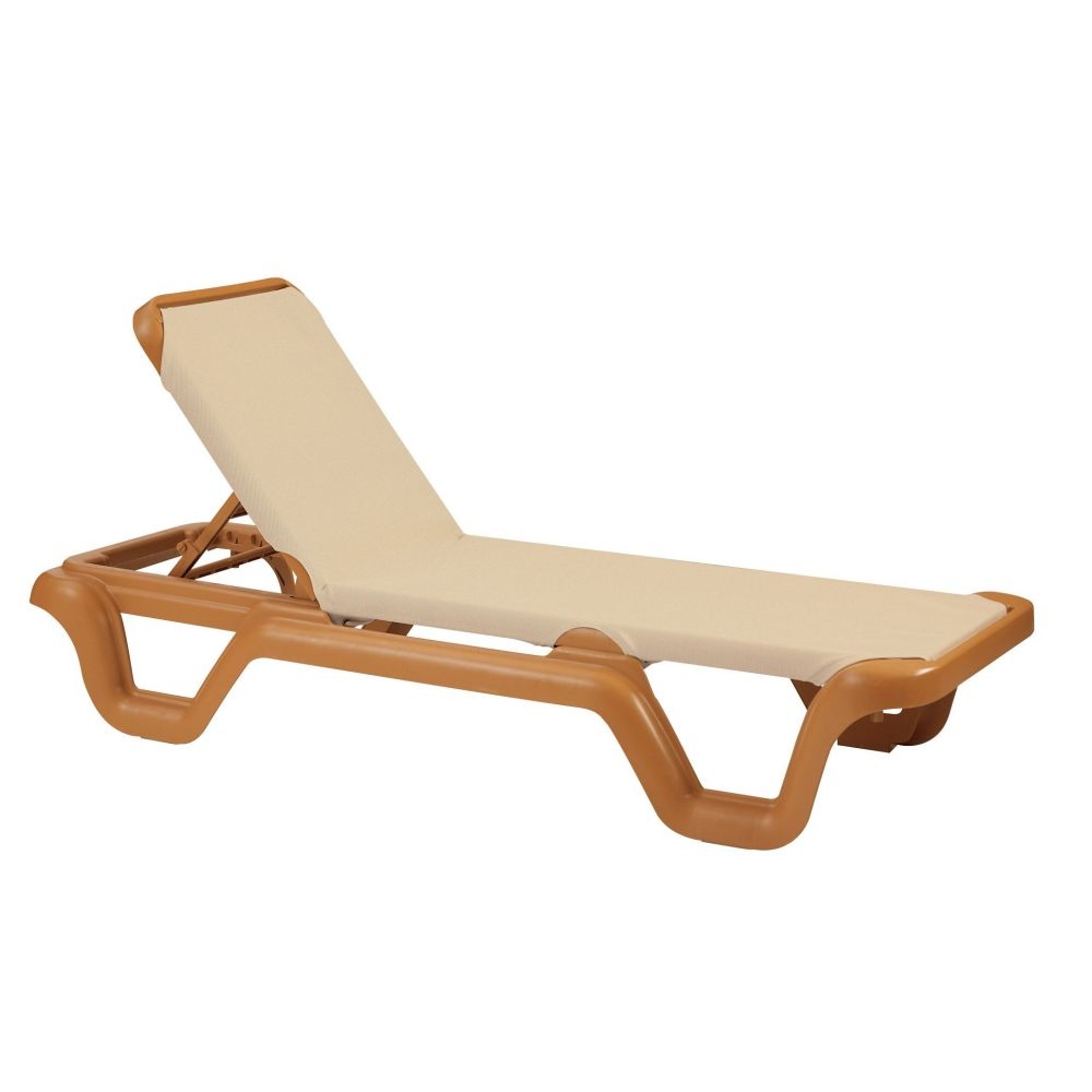 Grosfillex Marina Adjustable Teakwood Frame Khaki Sling Chaise Lounge -- 14 per case.