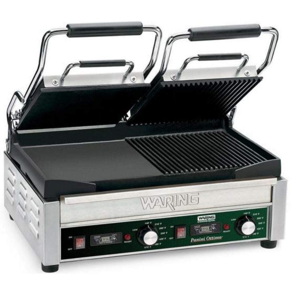 Waring Commercial Dual Grooved Top and Half Panini and Half Flat Grill with Timer, 240 Volts.