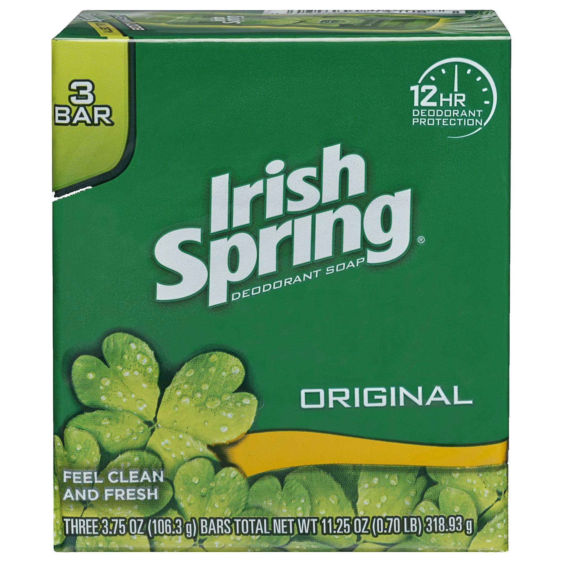 Irish Spring Original Deodorant Bar Soap, 11.25 Ounce - 3 per pack -- 18 packs per case.