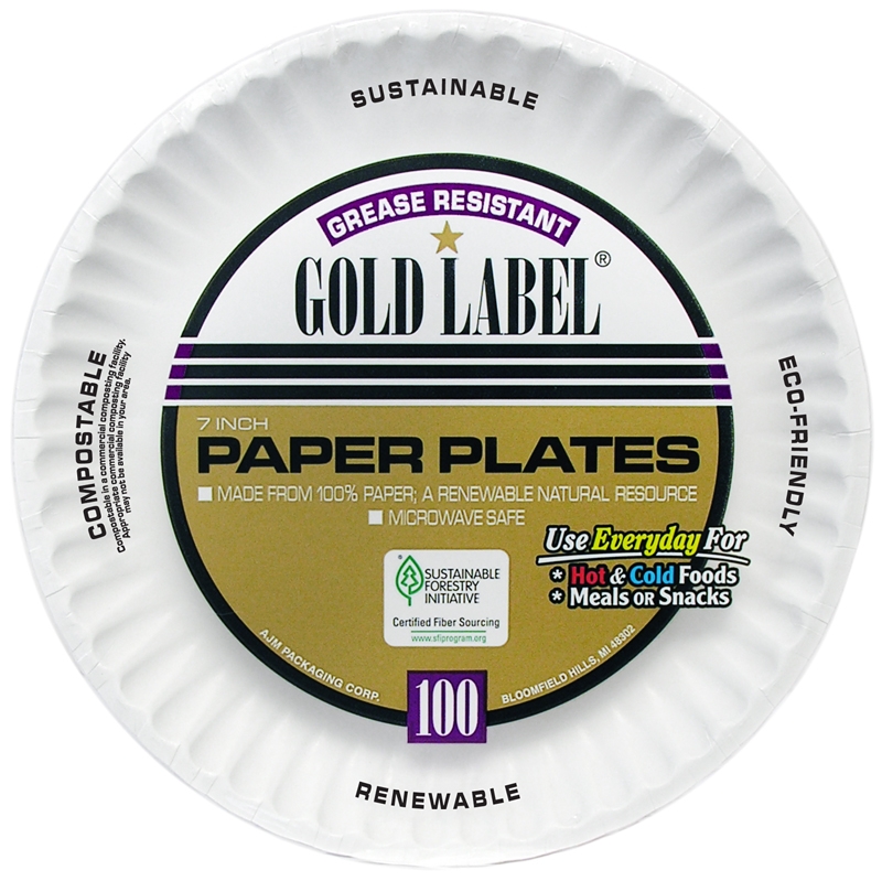 AJM Packaging Coated Gold Label Paper Plate, 7 inch -- 1000 per case.