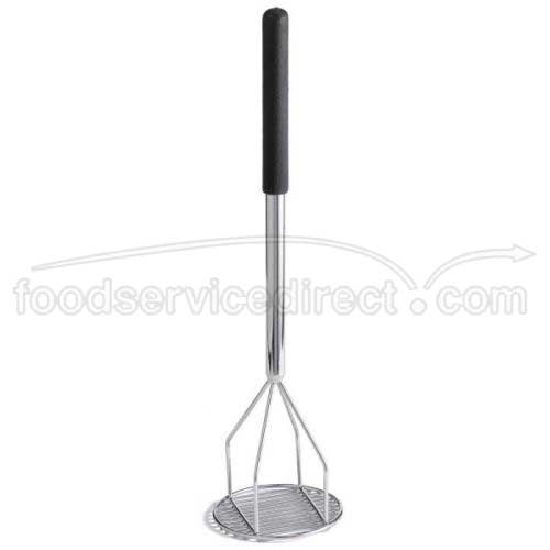Tablecraft Round Face Chrome Plated Steel with Black Vinyl Potato Masher, 4.5 x 4.5 x 19 inch