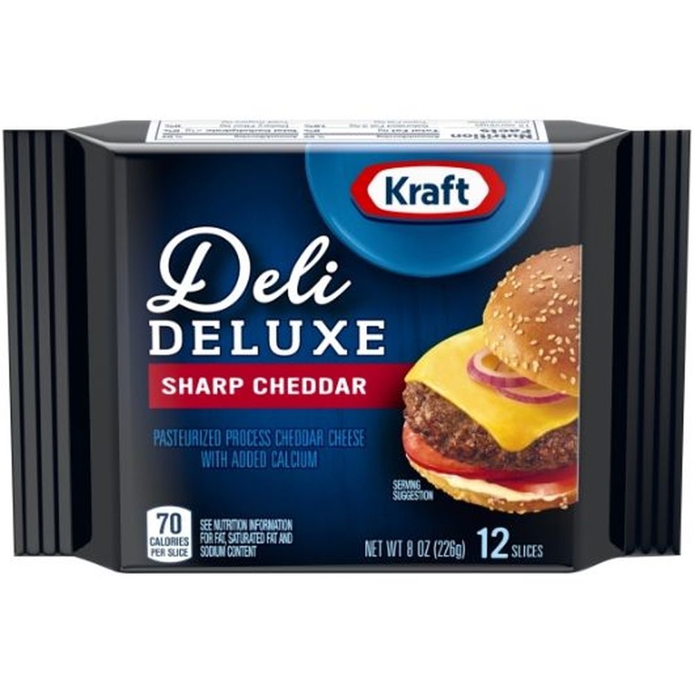 Kraft Deli Deluxe Sharp Cheddar Sliced Cheese, 8 Ounce -- 12 per case.