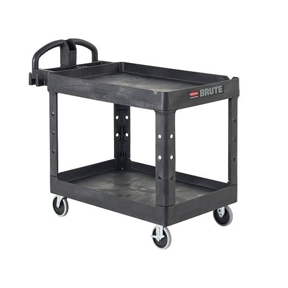 Rubbermaid Brute Black Large Lipped Shelf Heavy Duty Utility Cart With Ergo Handle, 750 Pound Capacity