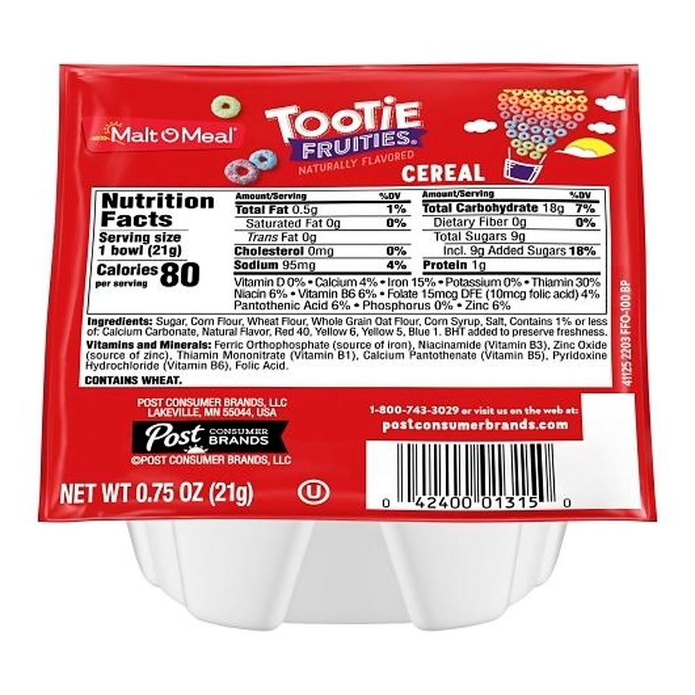 Malt-o-meal Single Serve Tootie Fruities Bowl Pack Cereal, 0.75 Ounce -- 96 Per Case