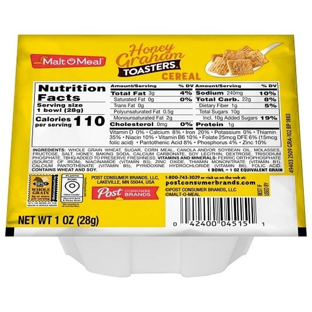 Malt-o-meal Single Serve Honey Graham Crunch Bowl Pack Cereal, 1 Ounce -- 96 Per Case