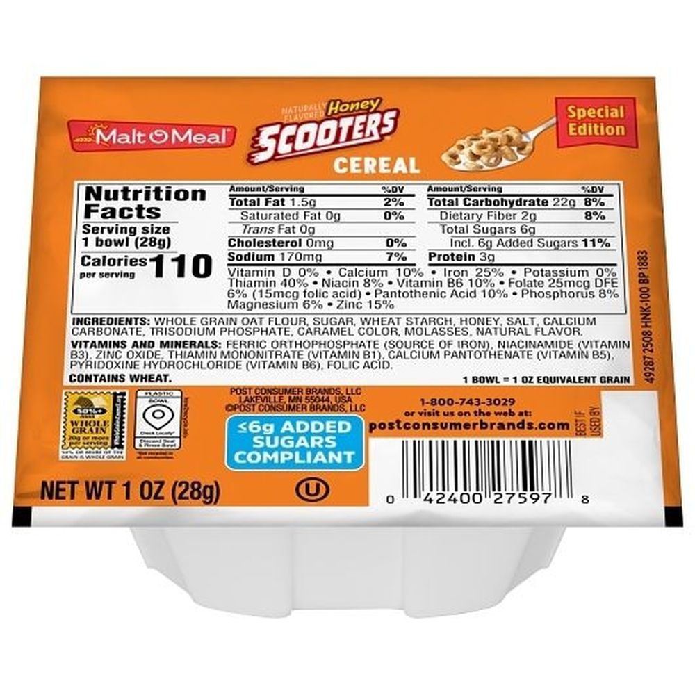 Malt-o-meal Honey Scooters Cereal, 1 Ounce -- 96 Per Case