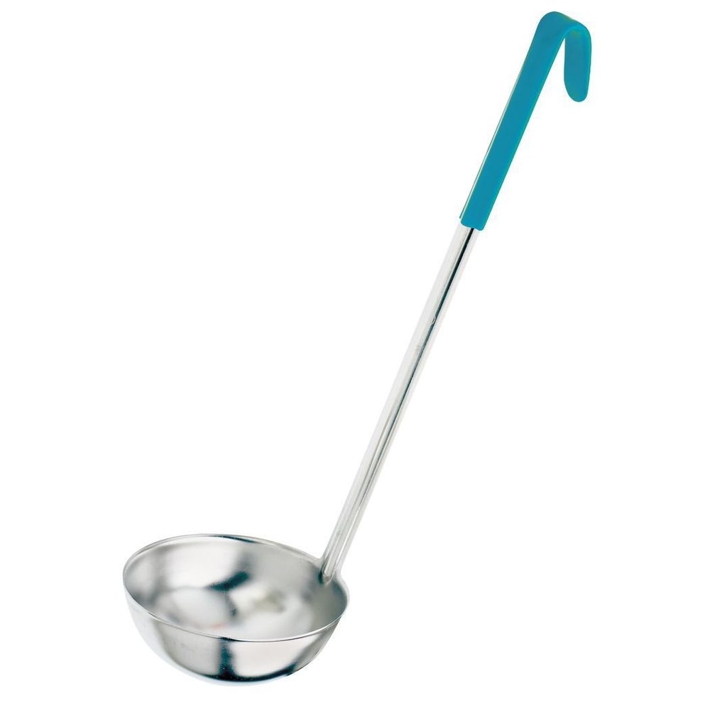 Browne Stainless Steel One Piece Ladle With Teal Handle, 6 Ounce Capacity